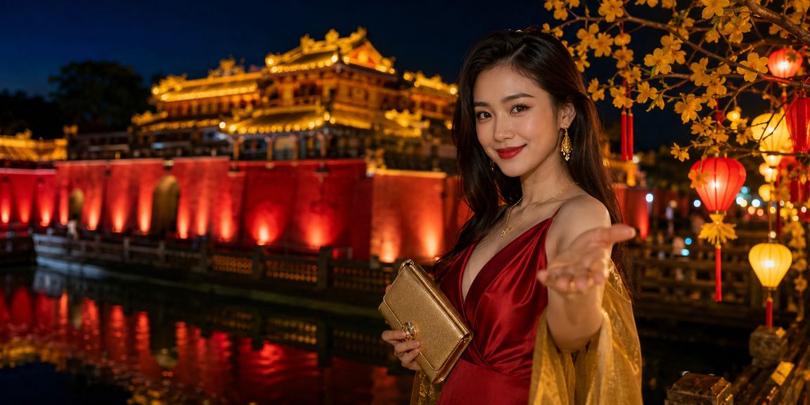 Người dùng Huế cầm phong bì đỏ trong không khí lễ hội và tham gia jackpot trực tuyến