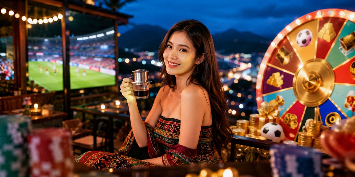 Người dùng Sapa ngồi cà phê buổi sáng và tham gia vòng quay may mắn jackpot trên điện thoại